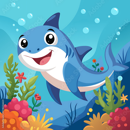 Wallpaper Mural Happy Little Shark Exploring the Bright and Colorful Coral Reef Scene, Ai Generated Torontodigital.ca