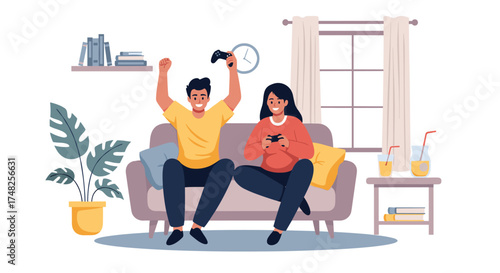 A man and woman playing video games on the couch.