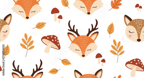 Whimsical woodland creatures and autumn leaves seamless pattern.