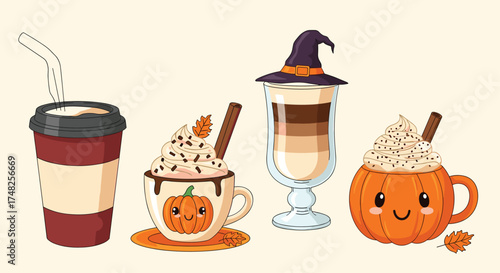 Collection of cute fall themed pumpkin spice drinks and hot beverages.