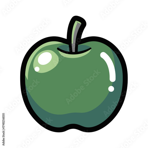 A single green apple with a shiny surface and a thick stem.