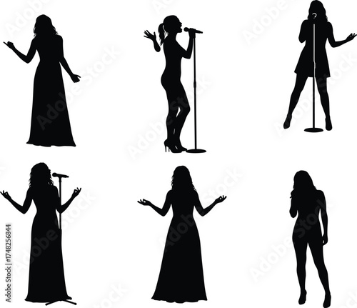 Female singer silhouette, stage performance, microphone pose, music expression, concert moment, vocal art, singing gesture, entertainment, fashion, spotlight