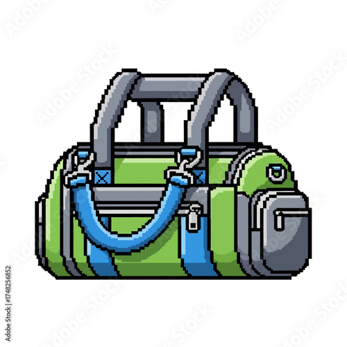 Pixel Art Green Duffle Bag With Blue Straps.