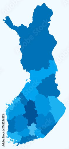 Map of Finland with regions. Just a simple country border map with region division. Light blue color palette. Blank Republic of Finland shape with administrative division. Vector illustration.