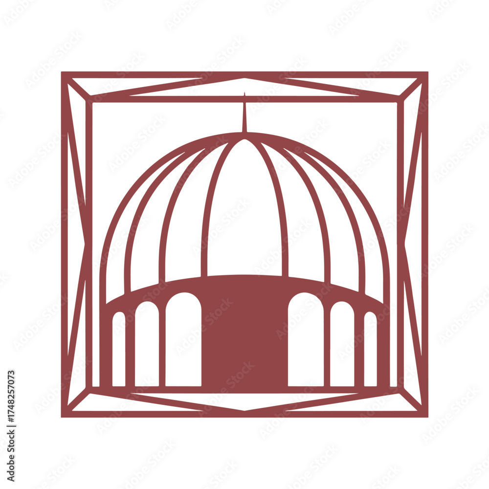 Fototapeta premium Red dome building silhouette inside geometric frame architecture