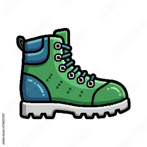 Green hiking boot with blue accents and white sole for outdoor adventures.