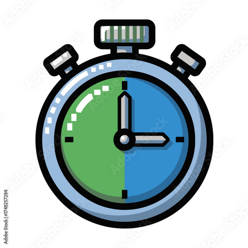 Stopwatch with green and blue dial showing time measurement.