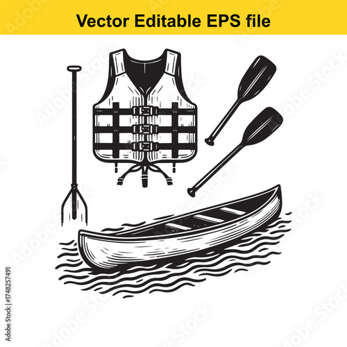 Vector art of canoe, life vest, and two paddles on wavy water surface, vector illustration