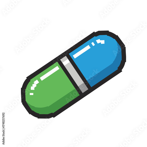 A two-toned capsule with blue and green halves.