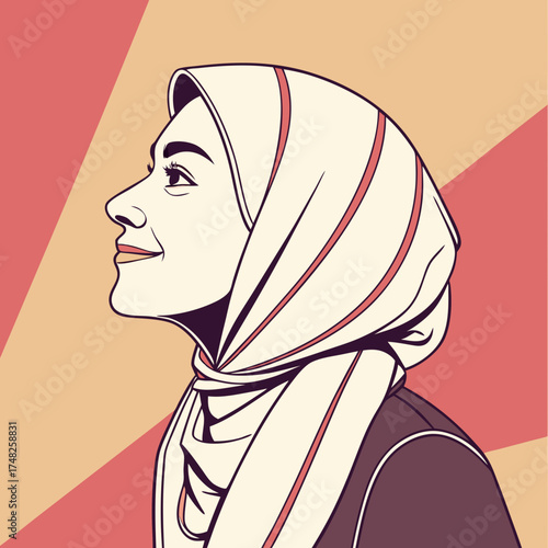Retro illustration of a woman wearing a headscarf looking upwards.