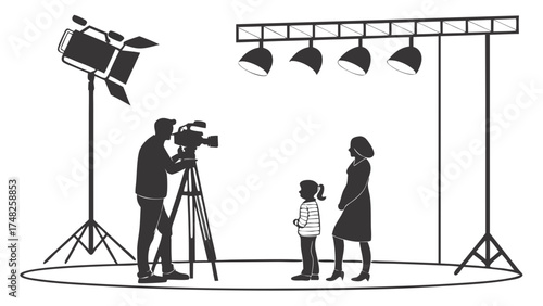 Scene of Filmmaking in Studio Film Crew and Family Silhouette.