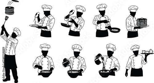 Chef illustration set, cooking poses, kitchen activity, culinary vector, black and white, restaurant staff, food preparation, pancake, tea, seasoning