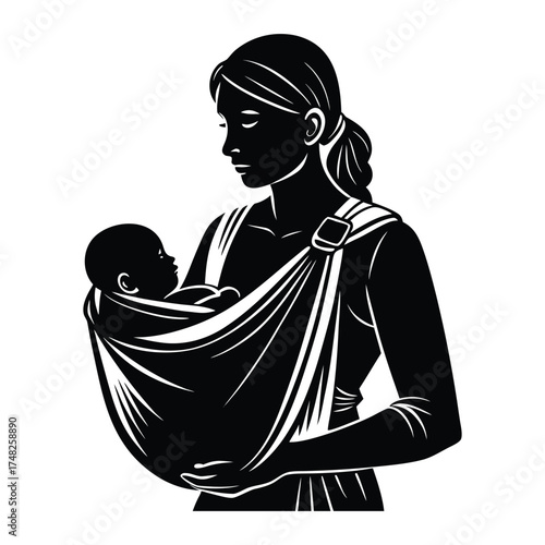 Mother and Baby in Carrier Silhouette Graphic Illustration Design on White Background
