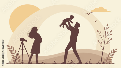 Silhouette of a Family Celebrating Parenthood Vector Illustration.