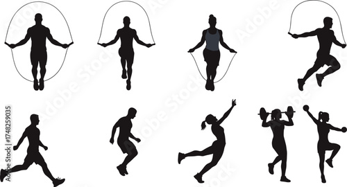 Fitness silhouette set, exercise pose, jumping rope, running, squatting, dumbbell lift, leaping motion, black vector, workout icon, training