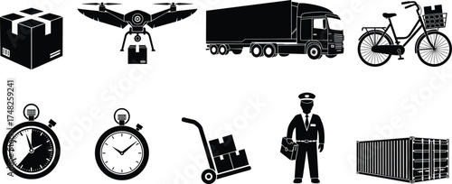 Logistics icon set, delivery vector, transportation symbol, shipping container, drone package, stopwatch, courier, truck, bicycle, black silhouette