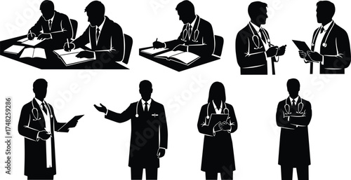 Medical professional silhouette set, healthcare activity, doctor pose, clipboard, stethoscope, lab coat, black vector, hospital staff, writing, discussion