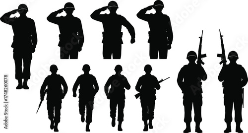 Soldier silhouette set, military pose, saluting, rifle action, walking, running, helmet uniform, black vector, combat stance, army icon