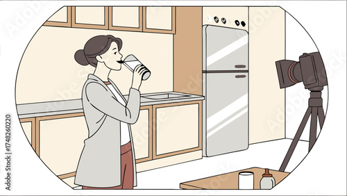 Woman Drinking Water in Kitchen with Camera Setup.