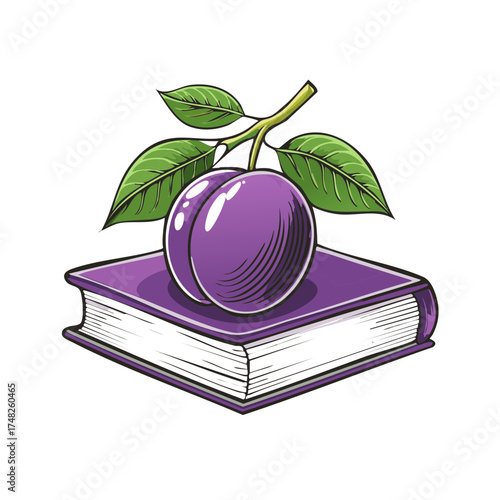 Vibrant purple plum with fresh green leaves gracefully rests atop a classic book symbolizing knowledge and healthy living