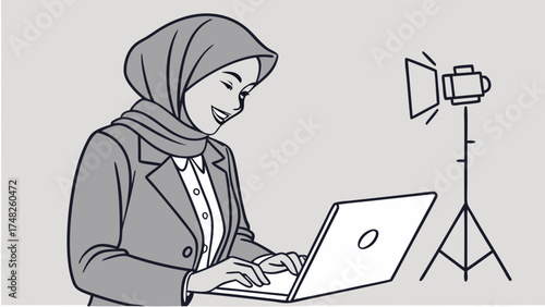 Woman Using Laptop in Studio with Lighting Equipment.
