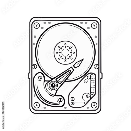 Open hard disk drive vector illustration showing internal components, platter, and read write head
