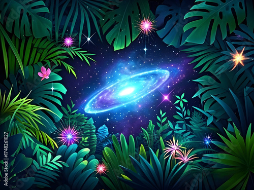 View jungle with spectacular cosmic glowing twinkling