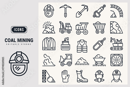 Collection of Vector Line Art Icons Representing the Coal Mining Industry and Operations White Background.