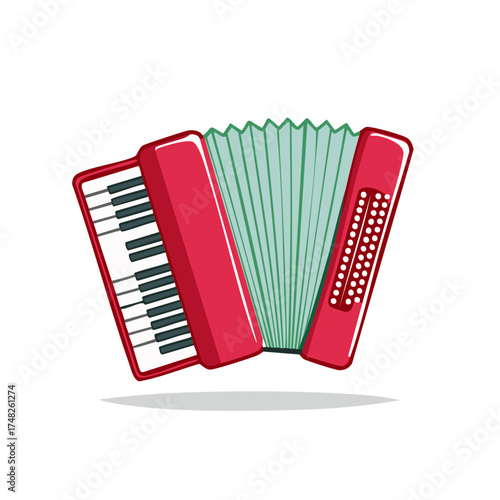 Classic red piano accordion musical instrument vector illustration for folk music and concerts