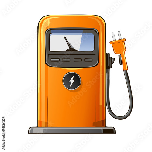 Vibrant orange electric vehicle charging station with energy plug and lightning bolt symbol