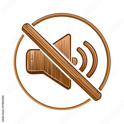 Mute icon illustration no sound symbol with a wooden texture and silent signal
