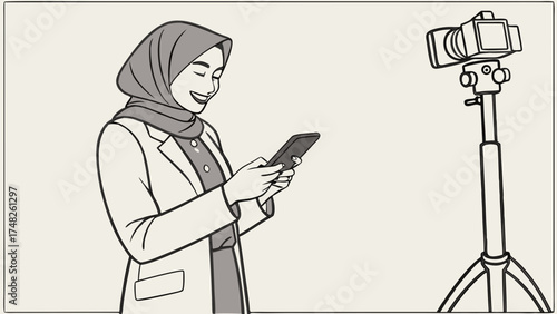 Young Woman Streaming or Vlogging Smartphone and Camera Setup.