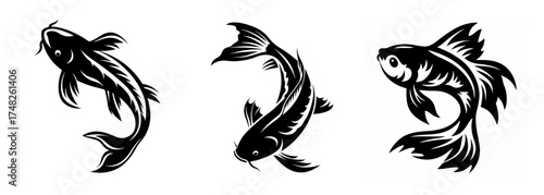 Three elegant black ink koi fish swimming gracefully serene aquatic creatures artistic depiction