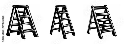 Three wooden a-frame stepladders for home improvement and diy projects isolated on white