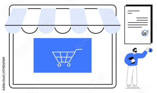 Digital storefront with shopping cart, business document, and professional holding tablet. Ideal for e-commerce, retail, online shopping, sales, digital business, entrepreneurship simple flat
