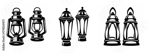Collection of antique oil lanterns and classic lamps showing detailed engraving and decorative features