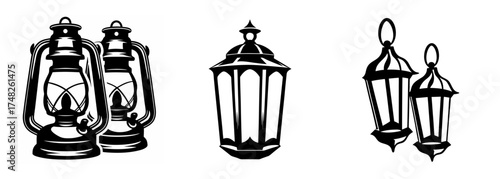 Collection of vintage oil lamps and classic lanterns for atmospheric illumination and decorative purposes