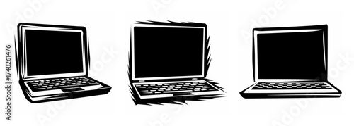 Three sketch style laptops open and ready for use various angles digital devices represented