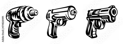 Three distinctive firearms including a drill gun and two pistols rendered in a sketch art style