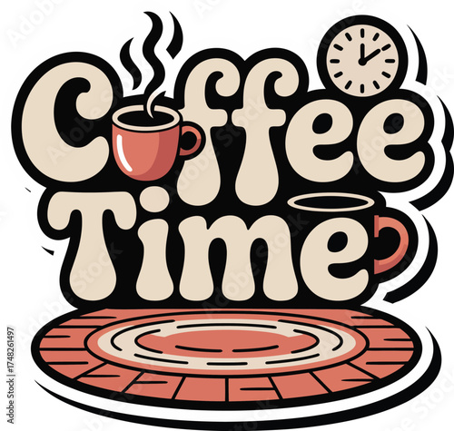 Vector Graphic of a Coffee Cup Inside a Clock Icon with 'Coffee Time' Text: Daily Routine, Break Time, and Time Management Concept