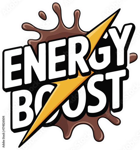 Dynamic Vector Graphic of a Coffee Cup with Lightning Bolt and 'ENERGY BOOST' Text: Caffeine, Power, and Vitality Concept Design