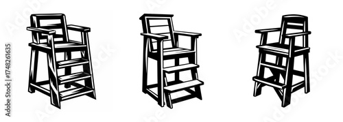 Three vintage lifeguard chairs side by side nautical coastal beach safety observation tower structures