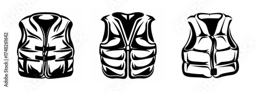 Three different styles of life vests showcasing safety and water recreation equipment