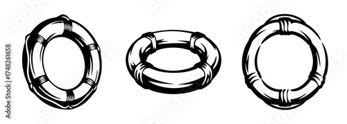 Vintage nautical life ring three views sketch nautical safety equipment maritime rescue device illustration
