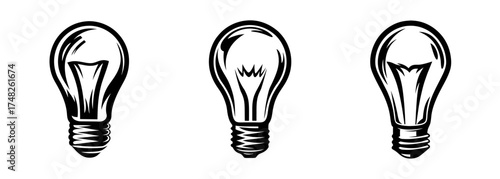 Three vintage incandescent light bulbs depicted in a simple sketch artistic style for inspiration
