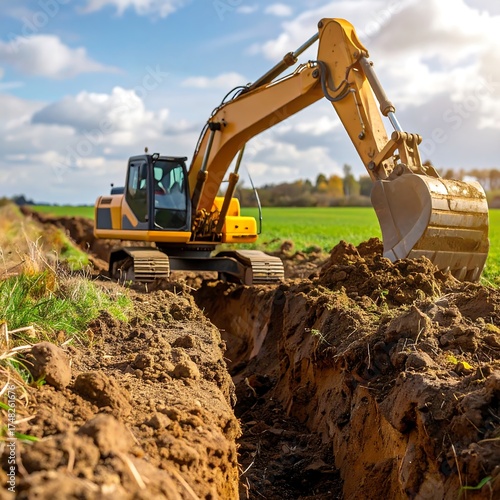 Excavator digging a trench in a field