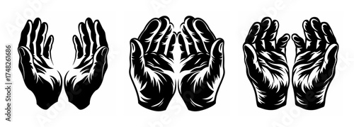 Three artistic black and white images of open cupped hands in various poses