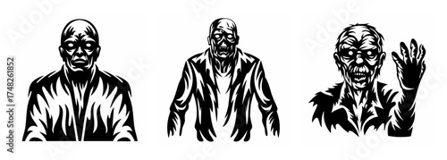 Three menacing zombie figures depicted in a stark black and white sketch style for a dark theme