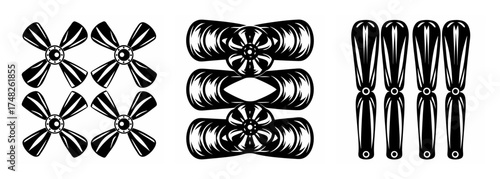 Intricate helicopter rotor blades in a repeating pattern and vertical arrangements