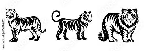 Three stylized tigers in profile and full stance artistic rendering monochrome artistic tiger images
